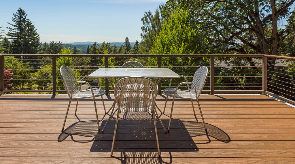 chair and tables on wooden deck