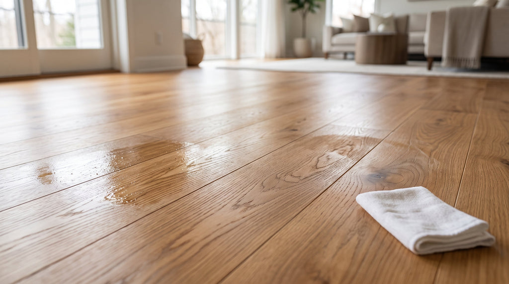 Sticky excess oil puddle on hardwood floor next to a wiping cloth, showing a common wood floor oiling problem.