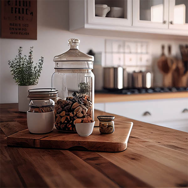 Photo of kitchen wood butcher block countertops.