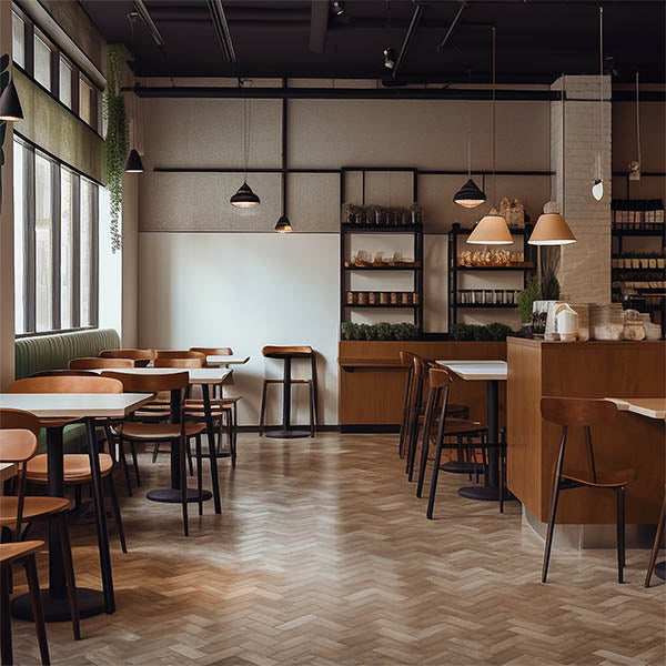 Photo of inside restaurant with wood flooring.